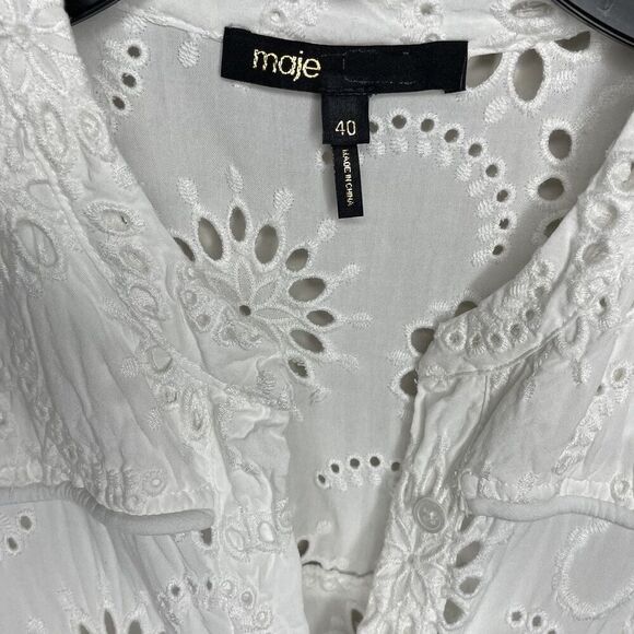 MAJE Rapala Dress Women 40 Large Eyelet Mini A-Line White Lined Pockets Viscose - Picture 14 of 16